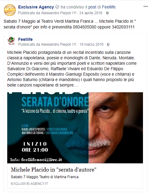 Sabato 7 Maggio al Teatro Verdi Martina Franca Michele Placido in ” serata d’onore”